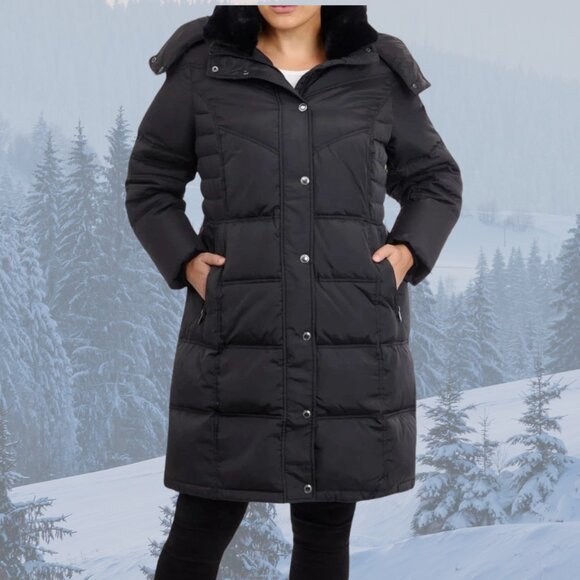 NWT - London Fog Faux-Fur-Trimmed Down Puffer Coat w/Hood - Black - Picture 4 of 12